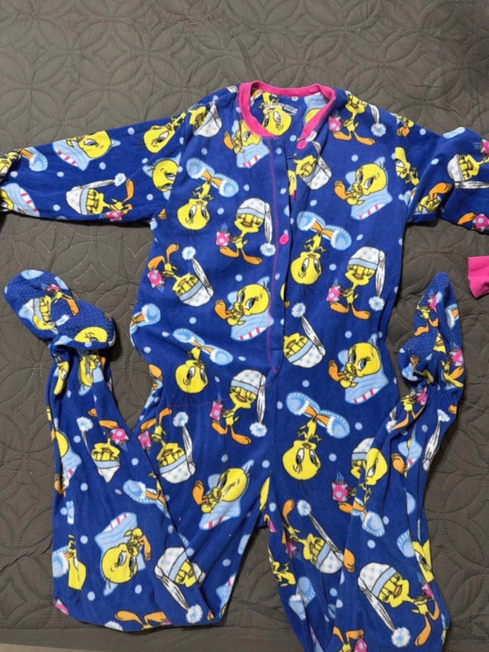 Warner Bros. Tweety Blue Fleece women’s One-Piece Pajama Footie with Pink Trim